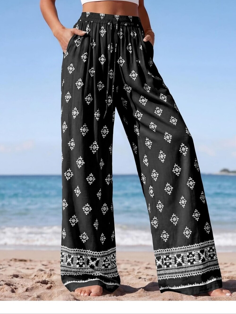 Women's Black Printed Wide-Leg Beach Pants